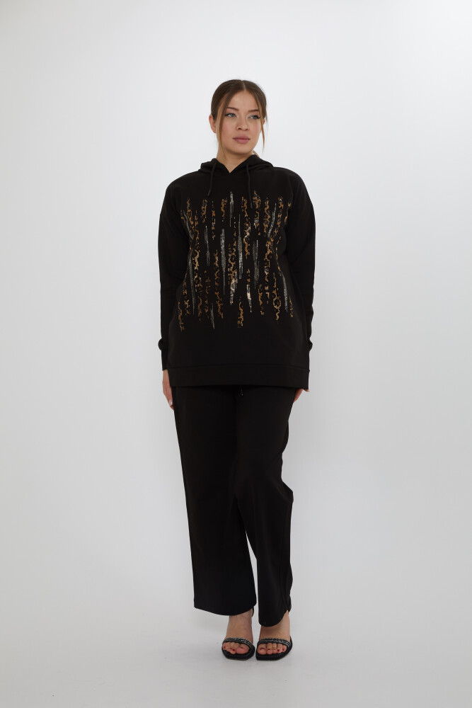 Eşofman Takımı Leopar Taş İşlemeli Siyah - 17901 | KAZEE (3'lü Set M-L-XL) - 2