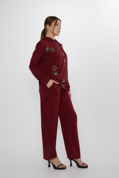Eşofman Takımı Taşlı Desenli Bordo - 17898 | KAZEE (3'lü Set M-L-XL) - 5