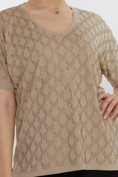 بلوز سنگ دوزی بژ - 80007 | KAZEE (مجموعه 3 عددی L-XL-2XL) - 3