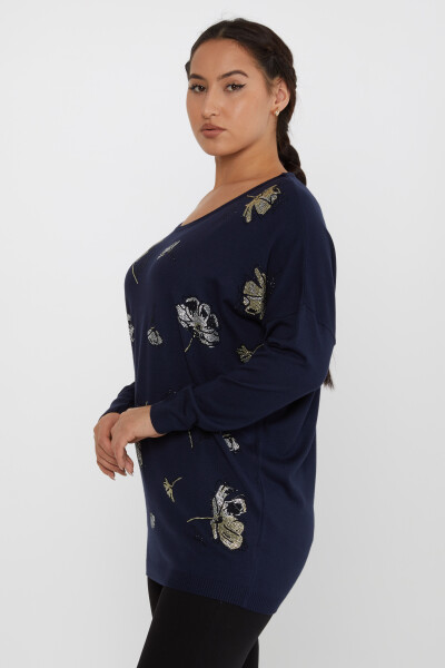 ژاکت بافتنی گل سنگ دوزی شده با جزئیات آبی سرمه ای - 16622 | KAZEE (مجموعه 3 عددی L-XL-2XL) - 2