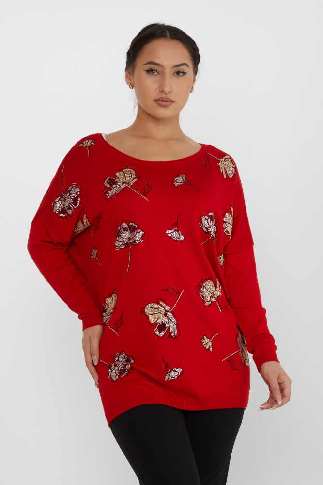 ژاکت بافتنی گل سنگ دوزی شده قرمز - 16622 | KAZEE (مجموعه 3 عددی L-XL-2XL) - 1