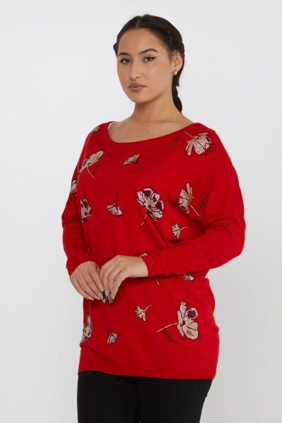 ژاکت بافتنی گل سنگ دوزی شده قرمز - 16622 | KAZEE (مجموعه 3 عددی L-XL-2XL) - 2