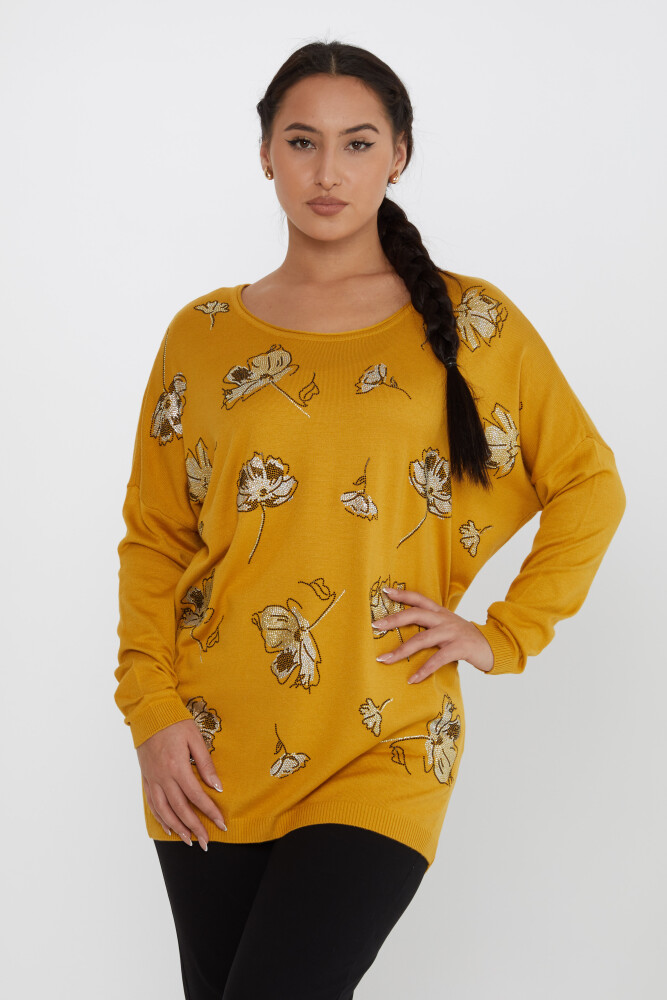 ژاکت بافتنی گل سنگ دوزی شده زعفران - 16622 | KAZEE (مجموعه 3 عددی L-XL-2XL) - 1