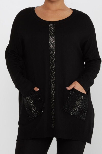 بافتنی ژاکت جیبی سنگ دوزی آستین بلند مشکی - 30622 | KAZEE (مجموعه 4 عددی L-XL-2XL-3XL) - 3