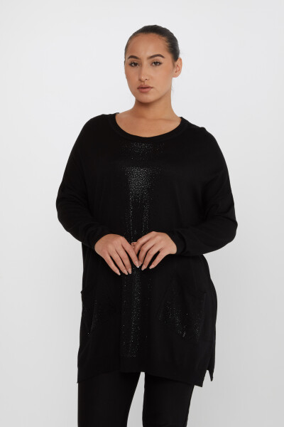 ژاکت بافتنی جیبی سنگ دوزی مشکی - 30602 | KAZEE (مجموعه 4 عددی L-XL-2XL-3XL) - 1