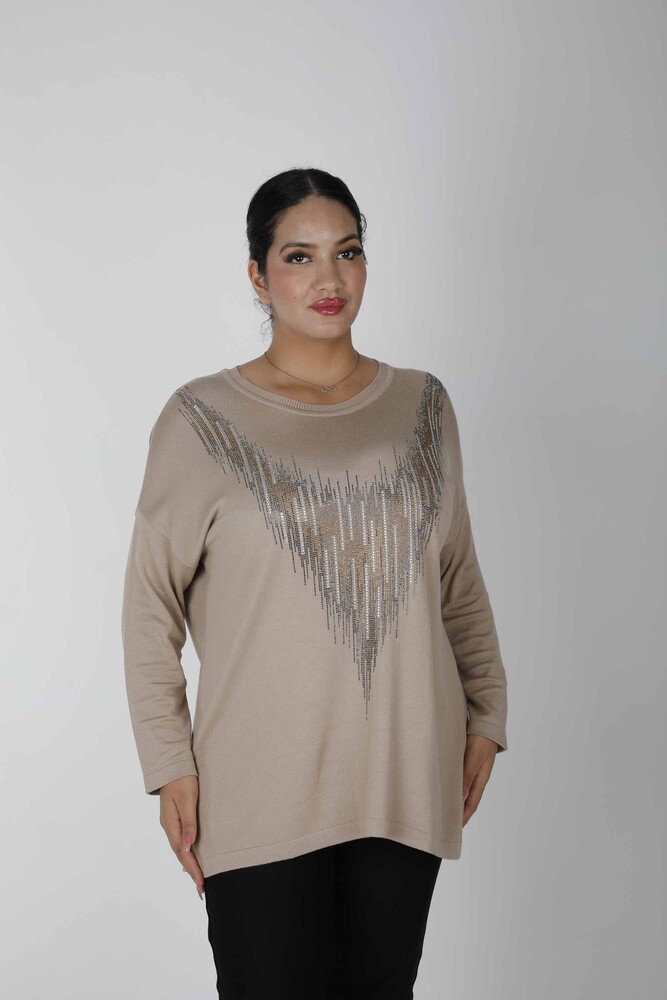 ژاکت بافتنی سنگ چاک دوزی شده بژ - 30220 | KAZEE (مجموعه 4 عددی L-XL-2XL-3XL) - 1