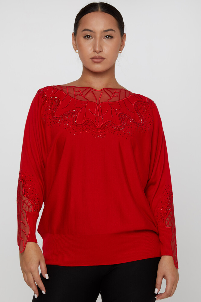 ژاکت بافتنی با جزییات توری سنگ دوزی قرمز - 31227 | KAZEE (مجموعه 3 عددی L-XL-2XL) - 1