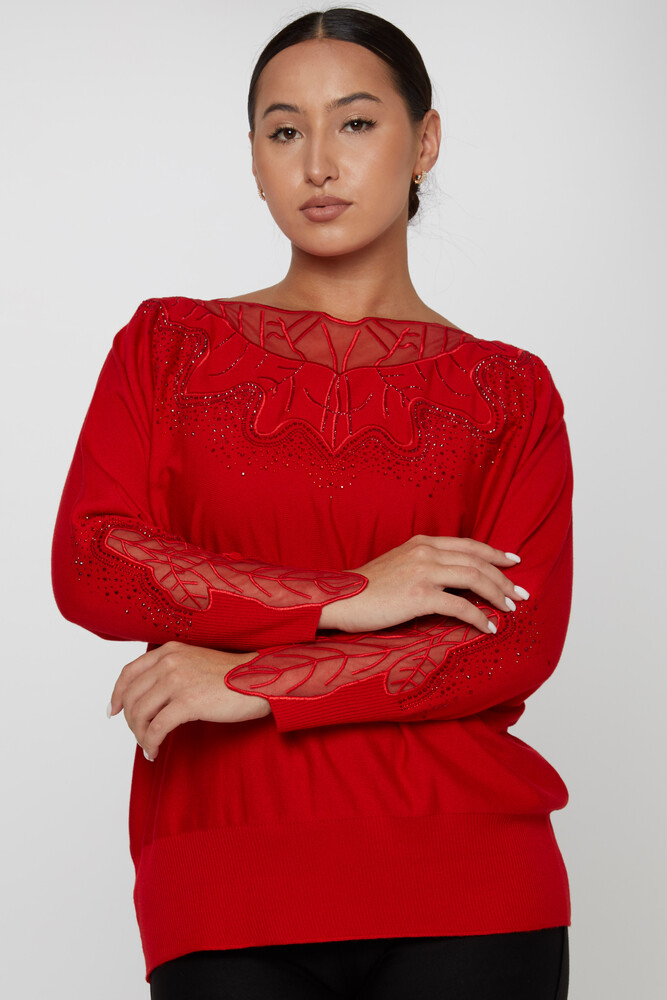 ژاکت بافتنی با جزییات توری سنگ دوزی قرمز - 31227 | KAZEE (مجموعه 3 عددی L-XL-2XL) - 2