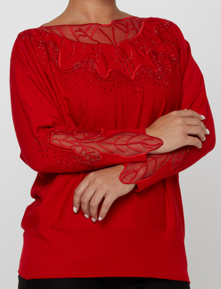 ژاکت بافتنی با جزییات توری سنگ دوزی قرمز - 31227 | KAZEE (مجموعه 3 عددی L-XL-2XL) - 3