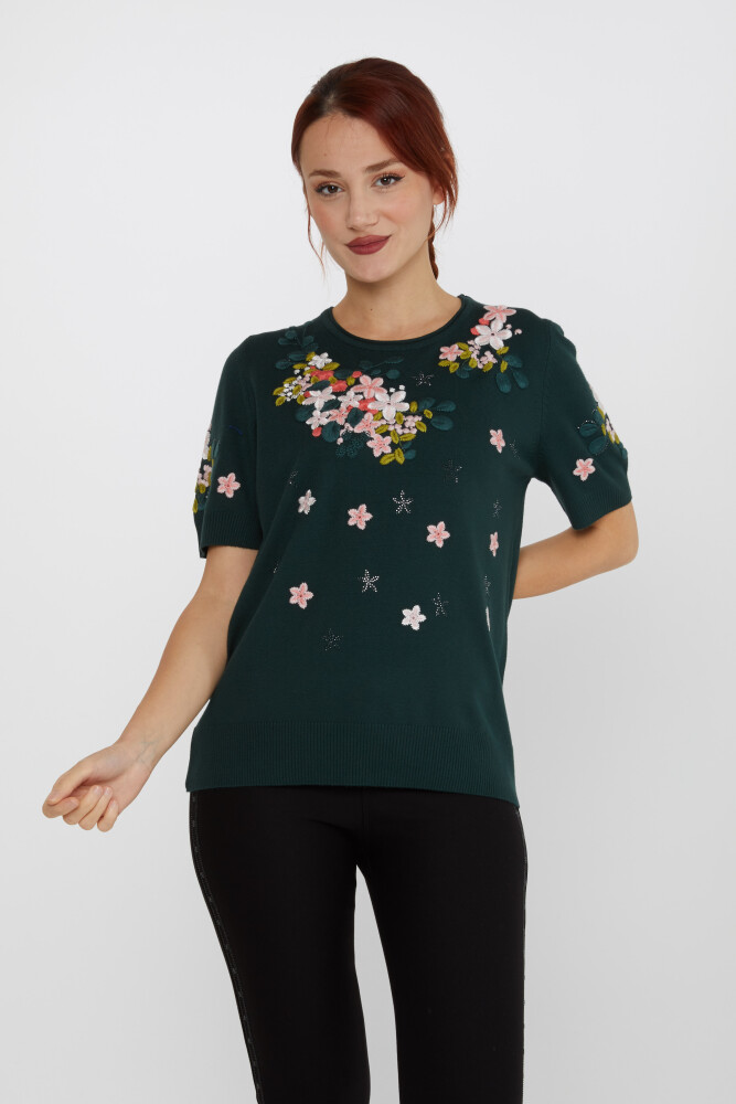 ژاکت بافتنی سنگ دوزی نفتی گلدار - 16761 | KAZEE (مجموعه 4 عددی L-XL-2XL-3XL) - 1