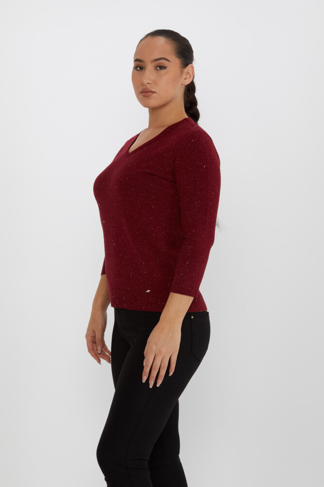 ژاکت بافتنی با جزییات براق V-Neck Claret Red - 31515 | KAZEE (ست 3 M-L-XL) - 2