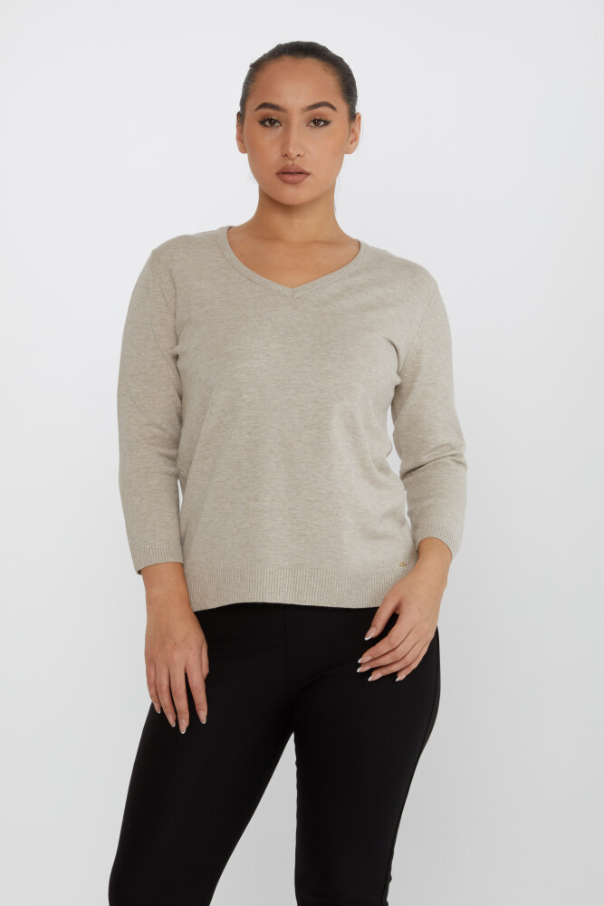 ژاکت بافتنی با جزییات براق V-Neck Mink - 31515 | KAZEE (ست 3 M-L-XL) - 1