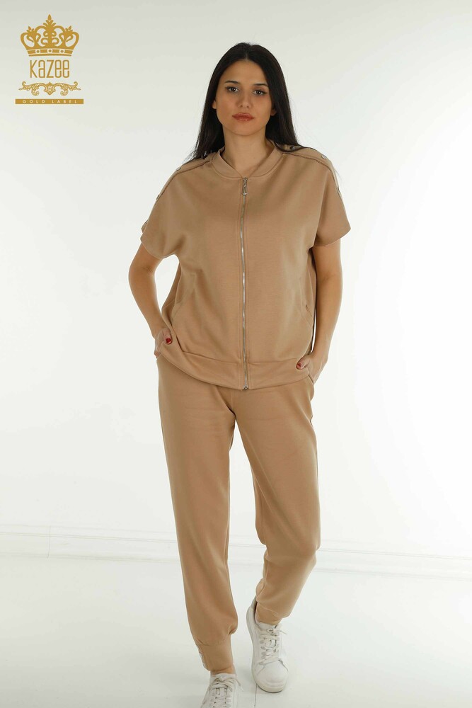 Großhandel Damen-Trainingsanzug-Set Kurzarm Camel - 17680 | KAZEE - 1