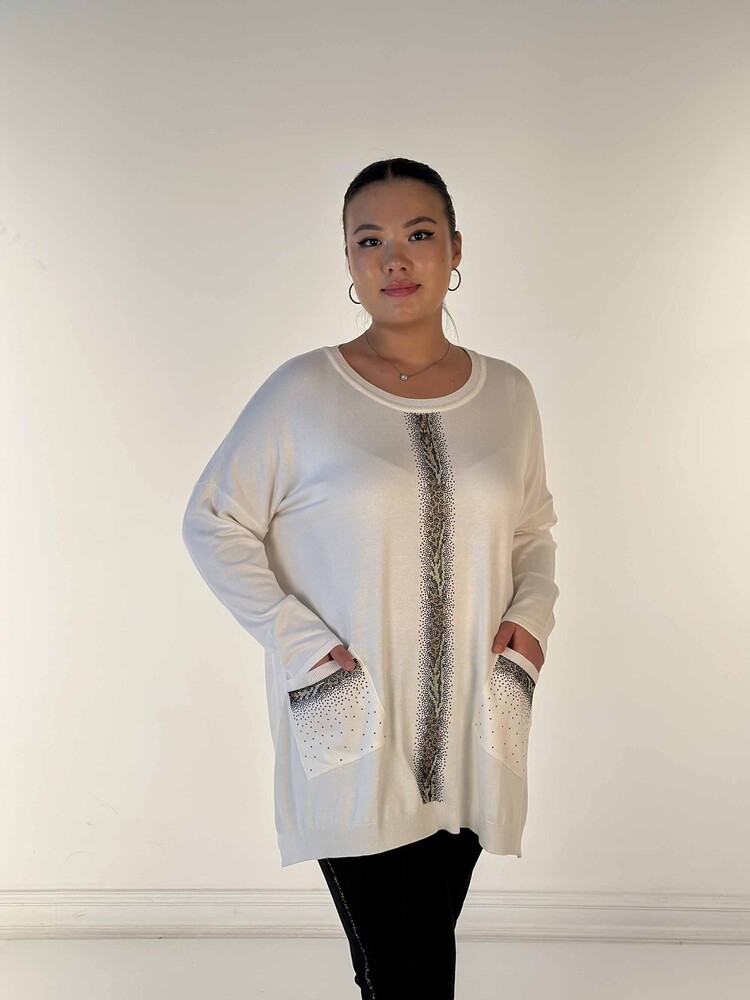 Großhandel für Damen-Strickpullover mit Tasche, Steinstickerei, Leopardenmuster und Rundhalsausschnitt, Ecru – 30621 | KAZEE - 3