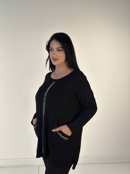 Großhandel Damen-Strickpullover mit Tasche, Steinstickerei, Leopardenmuster, Rundhalsausschnitt, Schwarz – 30621 | KAZEE - Thumbnail (2)