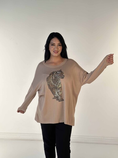 Großhandel Damen-Strickpullover mit Tigermuster und Steinstickerei in Beige – 30746 | KAZEE - Thumbnail