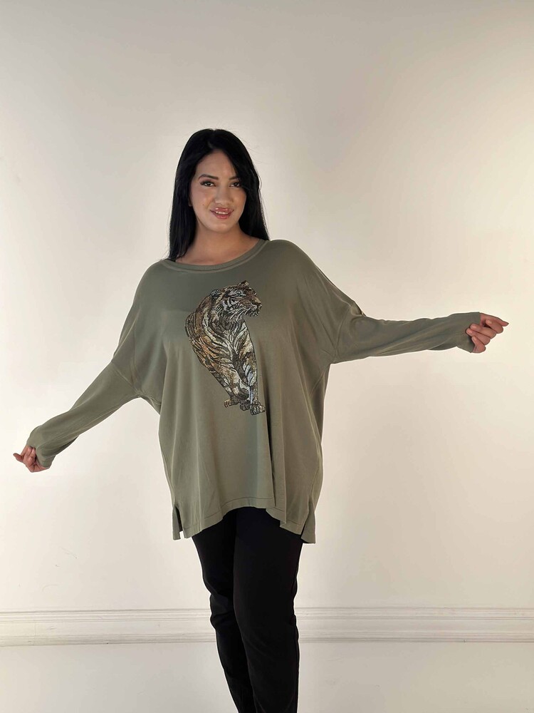 Großhandel Damen-Strickpullover mit Tigermuster und Steinstickerei in Khaki – 30746 | KAZEE - 1