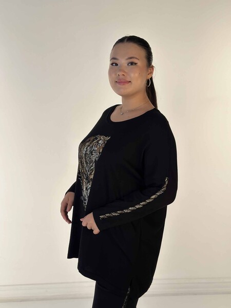 Großhandel Damen-Strickpullover mit Tigermuster und Steinstickerei in Schwarz – 30746 | KAZEE - 2