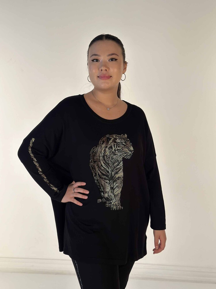 Großhandel Damen-Strickpullover mit Tigermuster und Steinstickerei in Schwarz – 30746 | KAZEE - 3