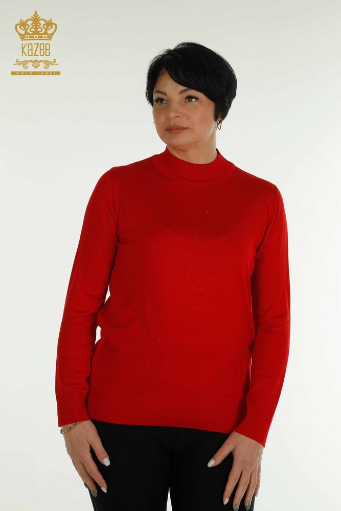 Großhandel Damen-Strickpullover Rot mit Steinstickerei - 30677 | KAZEE - 1