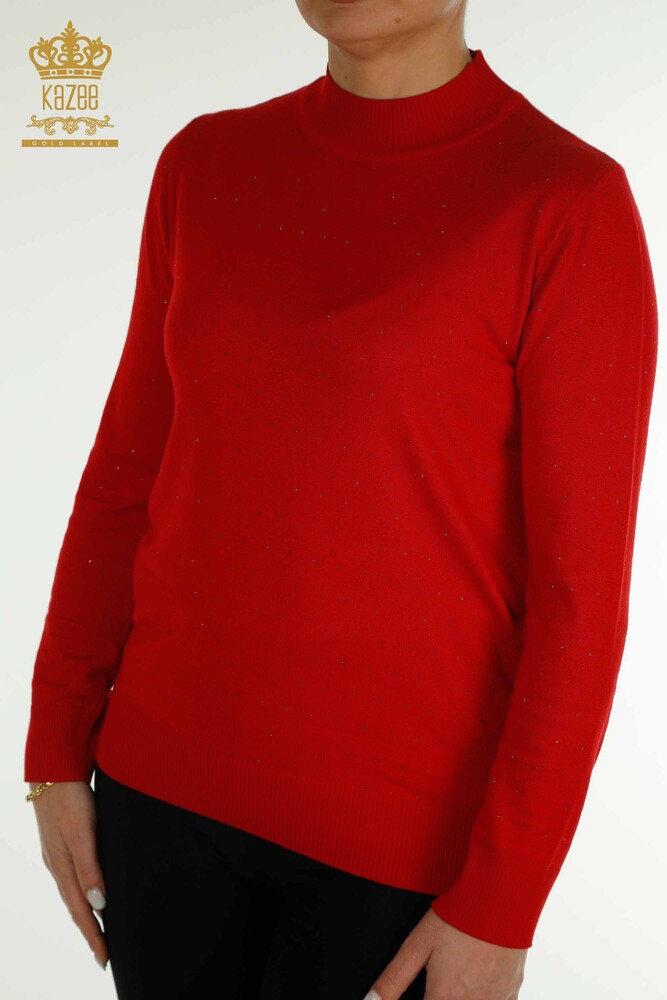 Großhandel Damen-Strickpullover Rot mit Steinstickerei - 30677 | KAZEE - 2