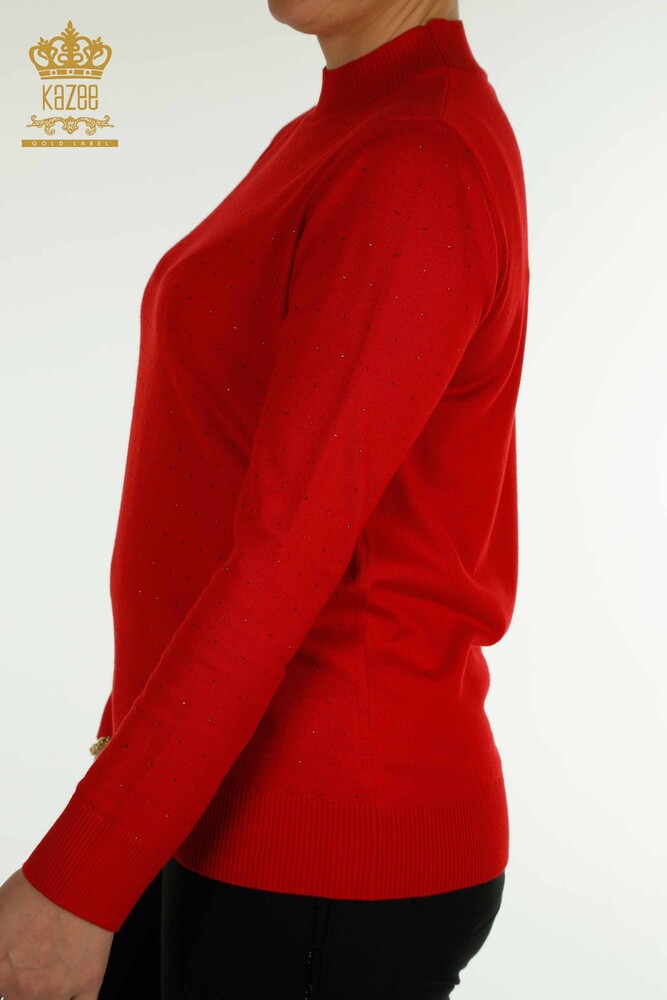 Großhandel Damen-Strickpullover Rot mit Steinstickerei - 30677 | KAZEE - 5