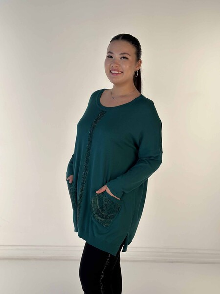 Großhandel Damen-Strickpullover mit Tasche, detaillierten Steinen, bestickt, Leopardenmuster, Rundhalsausschnitt, Grün – 30621 | KAZEE - 2