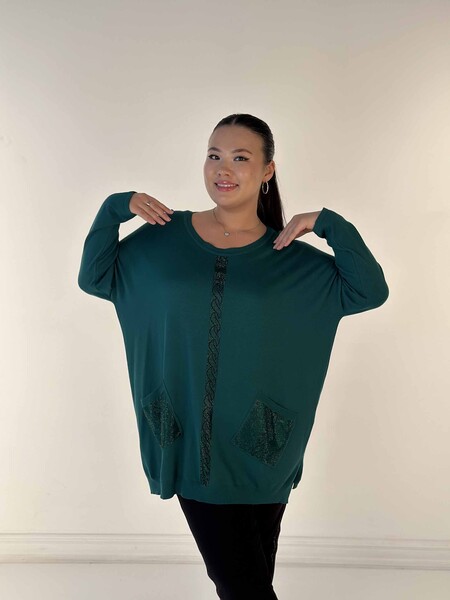 Großhandel Damen-Strickpullover mit Tasche, detaillierten Steinen, bestickt, Leopardenmuster, Rundhalsausschnitt, Grün – 30621 | KAZEE - Thumbnail