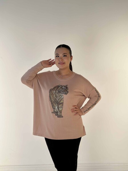 Großhandel für Damen-Strickpullover mit Tigermuster und Steinstickerei in Puder - 30746 | KAZEE 