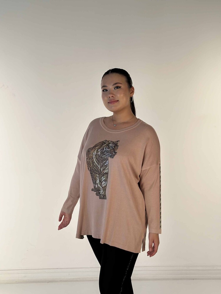 Großhandel für Damen-Strickpullover mit Tigermuster und Steinstickerei in Puder - 30746 | KAZEE - 2