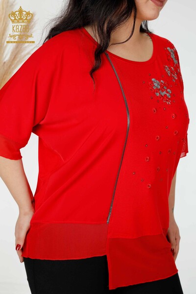 Großhandel Damenbluse Blumenmuster Tüll Detailliert Rot - 79032 | KAZEE - 6