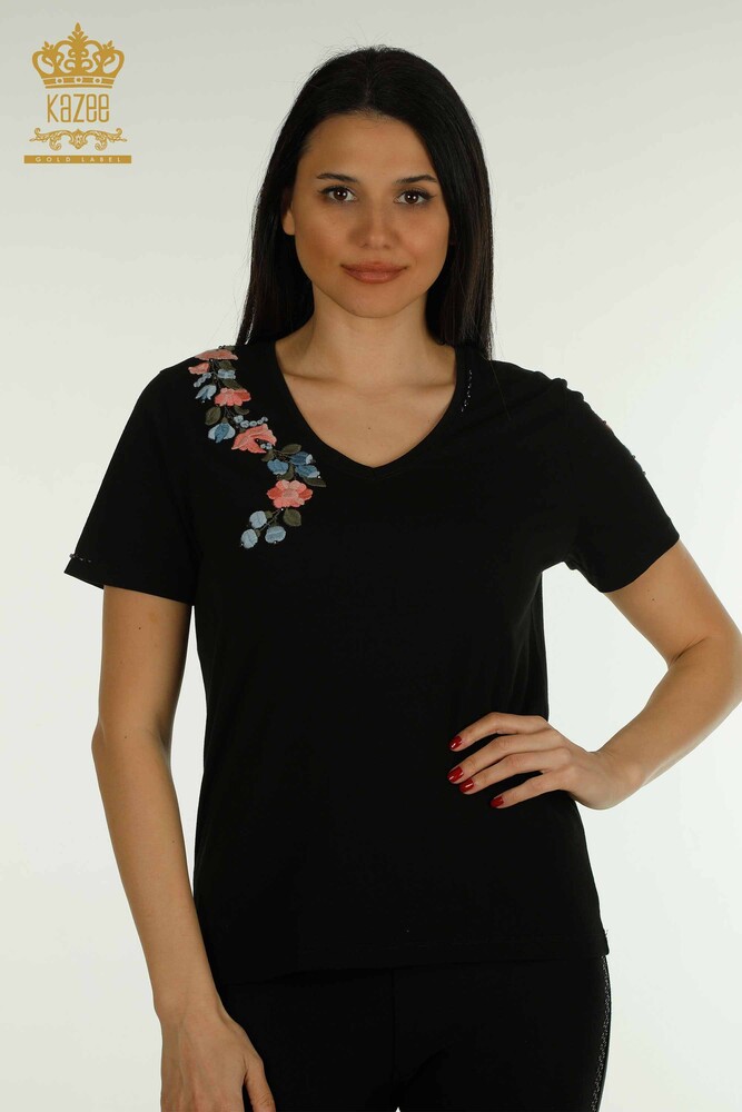 Großhandel Damen Bluse - Bunt Blumen bestickt - Schwarz - 79455 | KAZEE - 1