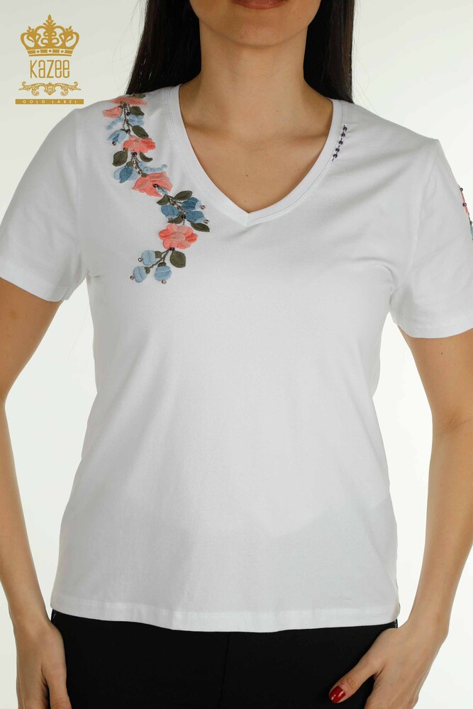 Großhandel Damen Bluse - Bunt Blumen bestickt - Weiß - 79455 | KAZEE - 2