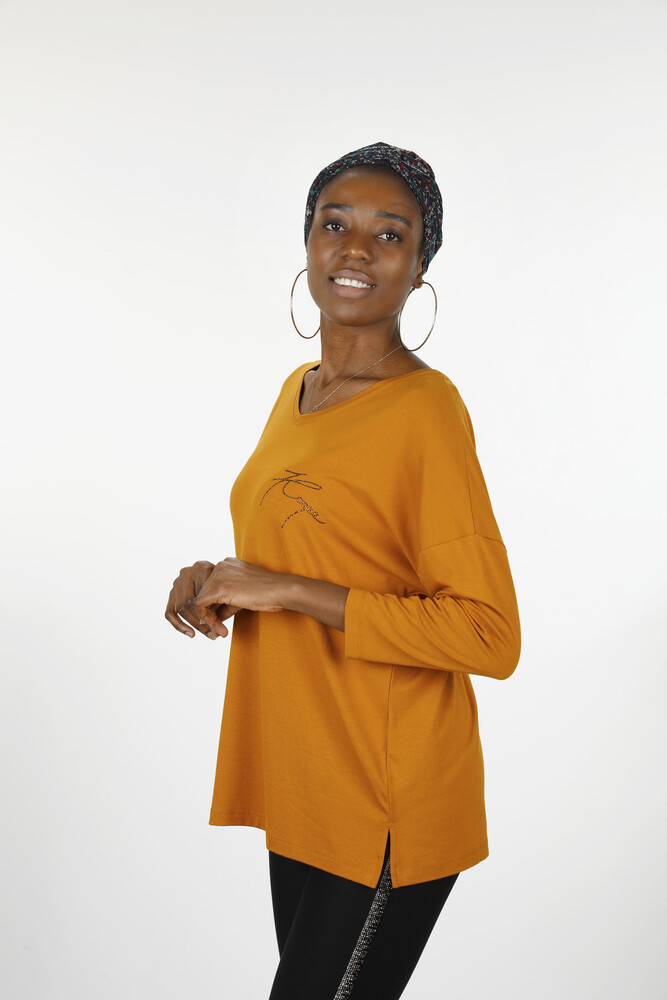 Großhandel Damen Bluse im - Detaillierter Text - Rundhalsausschnitt - Langarm - 77962 | KAZEE - 15