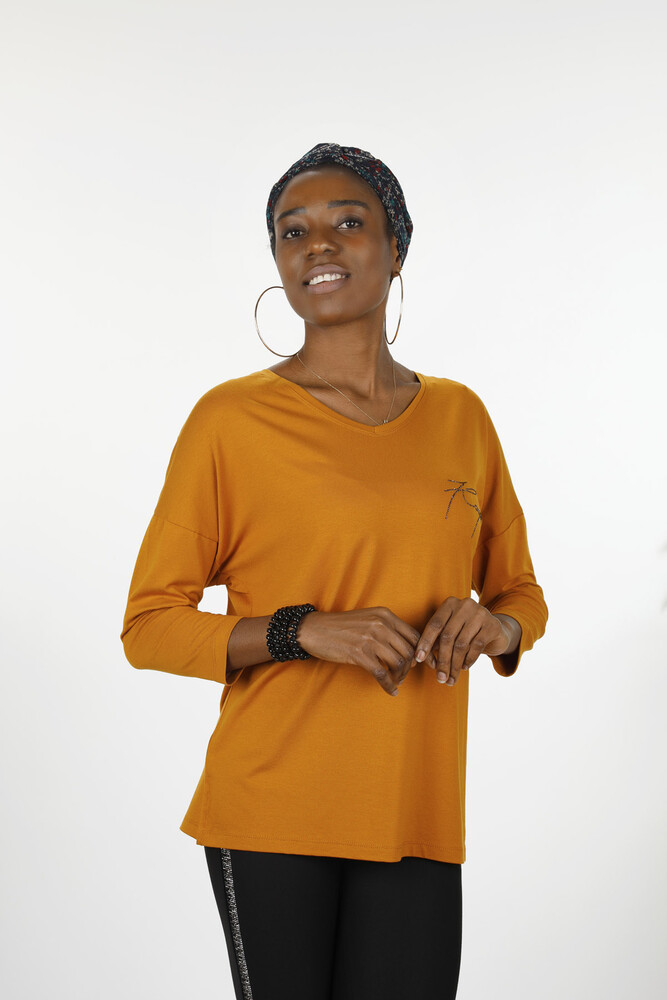 Großhandel Damen Bluse im - Detaillierter Text - Rundhalsausschnitt - Langarm - 77962 | KAZEE - 16