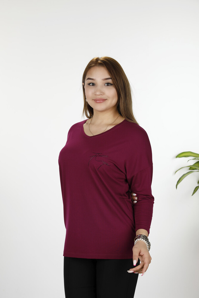 Großhandel Damen Bluse im - Detaillierter Text - Rundhalsausschnitt - Langarm - 77962 | KAZEE - 32