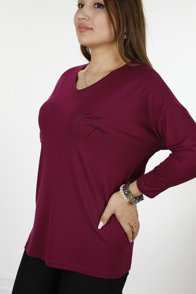 Großhandel Damen Bluse im - Detaillierter Text - Rundhalsausschnitt - Langarm - 77962 | KAZEE - 34