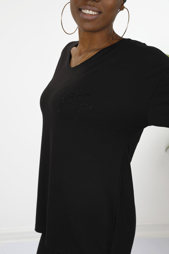 Großhandel Damen Bluse im - Detaillierter Text - Rundhalsausschnitt - Langarm - 77962 | KAZEE - 40