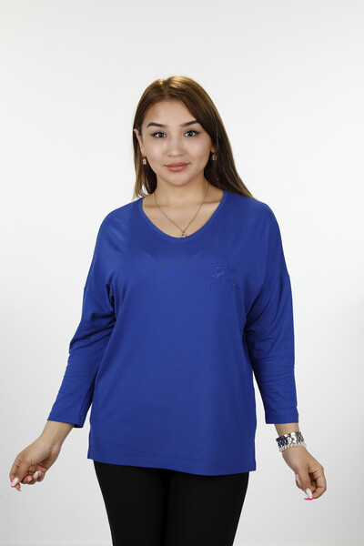 Großhandel Damen Bluse im - Detaillierter Text - Rundhalsausschnitt - Langarm - 77962 | KAZEE - 44