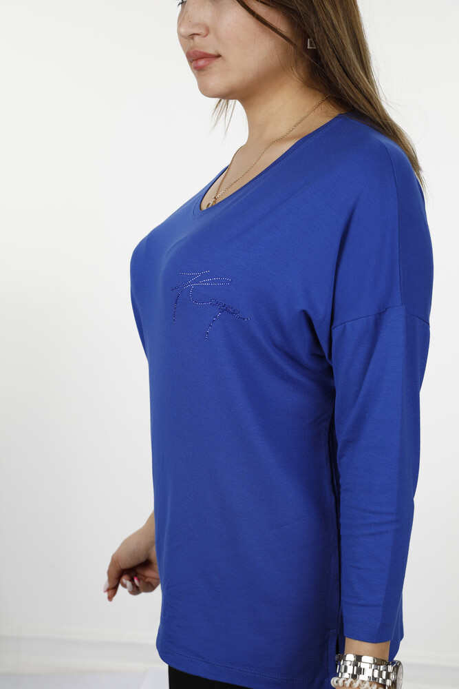 Großhandel Damen Bluse im - Detaillierter Text - Rundhalsausschnitt - Langarm - 77962 | KAZEE - 45