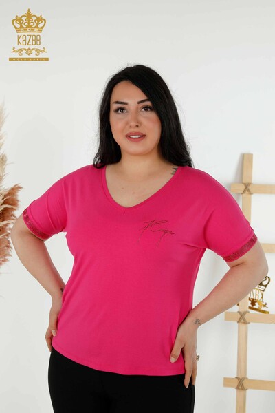 Großhandel Damenbluse Button Detaillierte Fuchsia - 79297 | KAZEE 