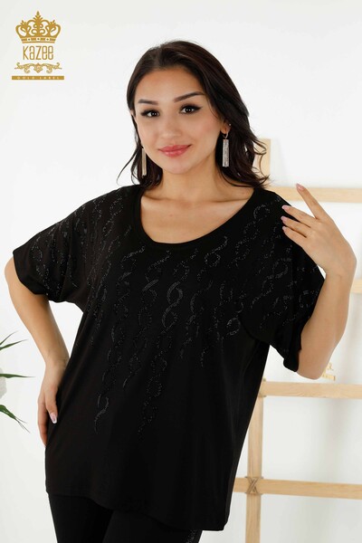 Großhandel Damen Bluse - Kristall Stein bestickt - Schwarz - 79069 | KAZEE - 1