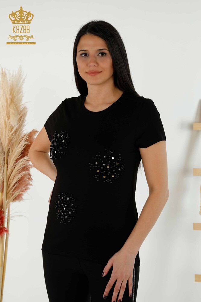 Großhandel Damen Bluse - Perlenbestickt - Schwarz - 79201 | KAZEE - 1