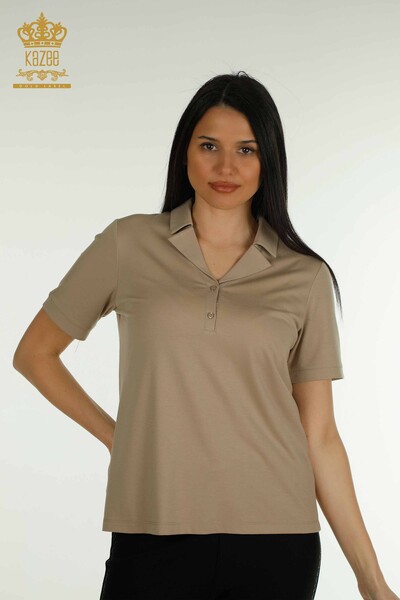 Großhandel Damen Bluse Polo kragen Beige - 79503 | KAZEE 