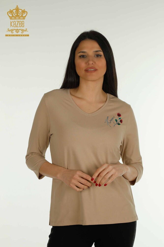 Großhandel Damen Bluse - Rose bestickt - Beige - 79867 | KAZEE - 1