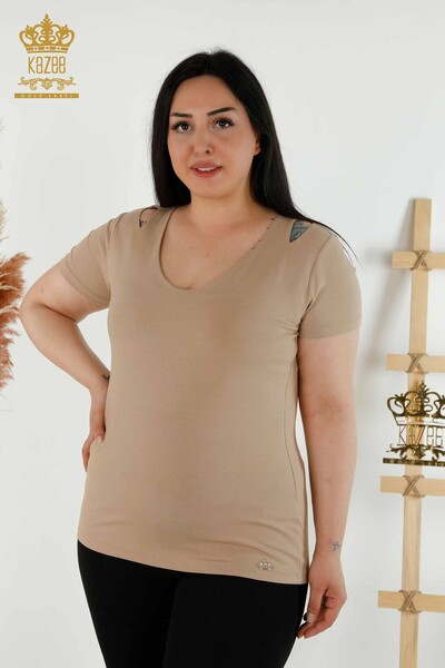 Großhandel Damenbluse Schulter detailliert Beige - 79220 | KAZEE 