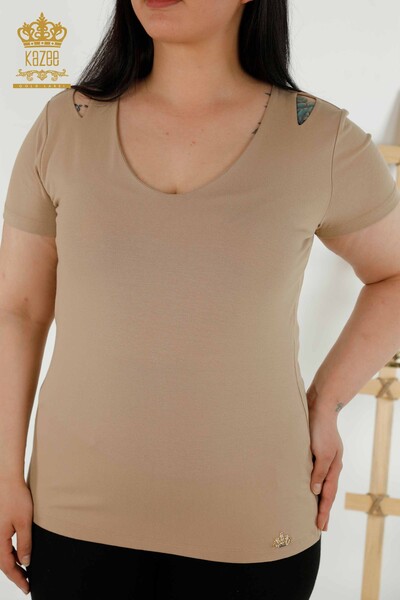 Großhandel Damenbluse Schulter detailliert Beige - 79220 | KAZEE - 2