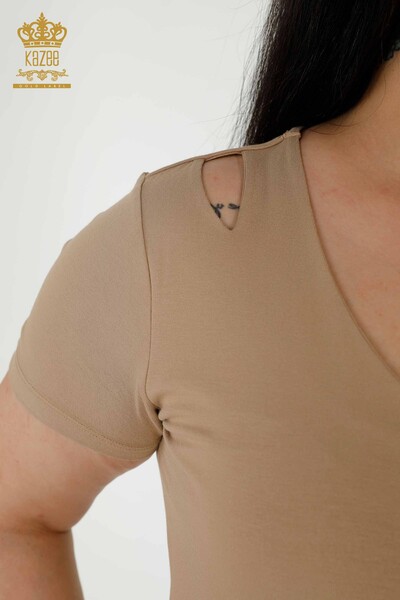 Großhandel Damenbluse Schulter detailliert Beige - 79220 | KAZEE - 3