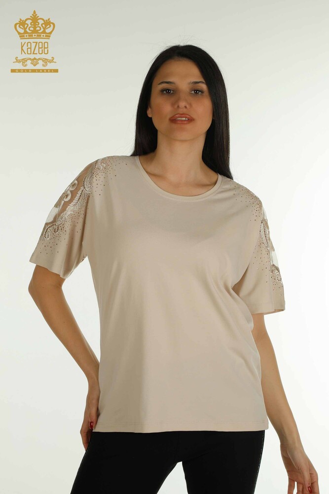 Großhandel Damen Bluse - Schulter Tüll details - Hellbeige - 79553 | KAZEE - 1