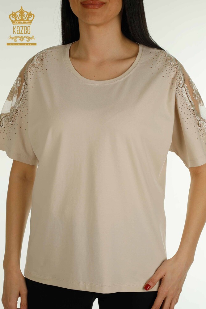 Großhandel Damen Bluse - Schulter Tüll details - Hellbeige - 79553 | KAZEE - 2